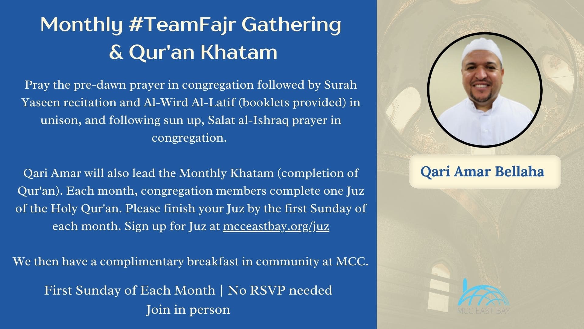 Monthly Fajr Breakfast & Qur'an Khatam with Qari Amar Bellaha