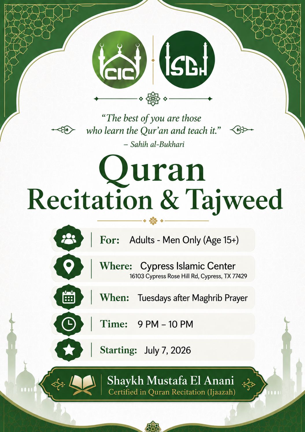 Weekly Quran Recitation & Tajweed Class for Men