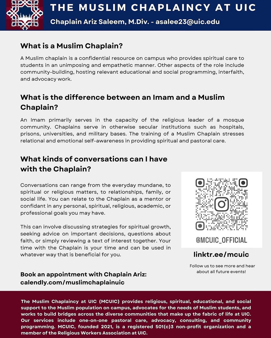 What is a Muslim Chaplain? Here is an informational flyer to answer some of your