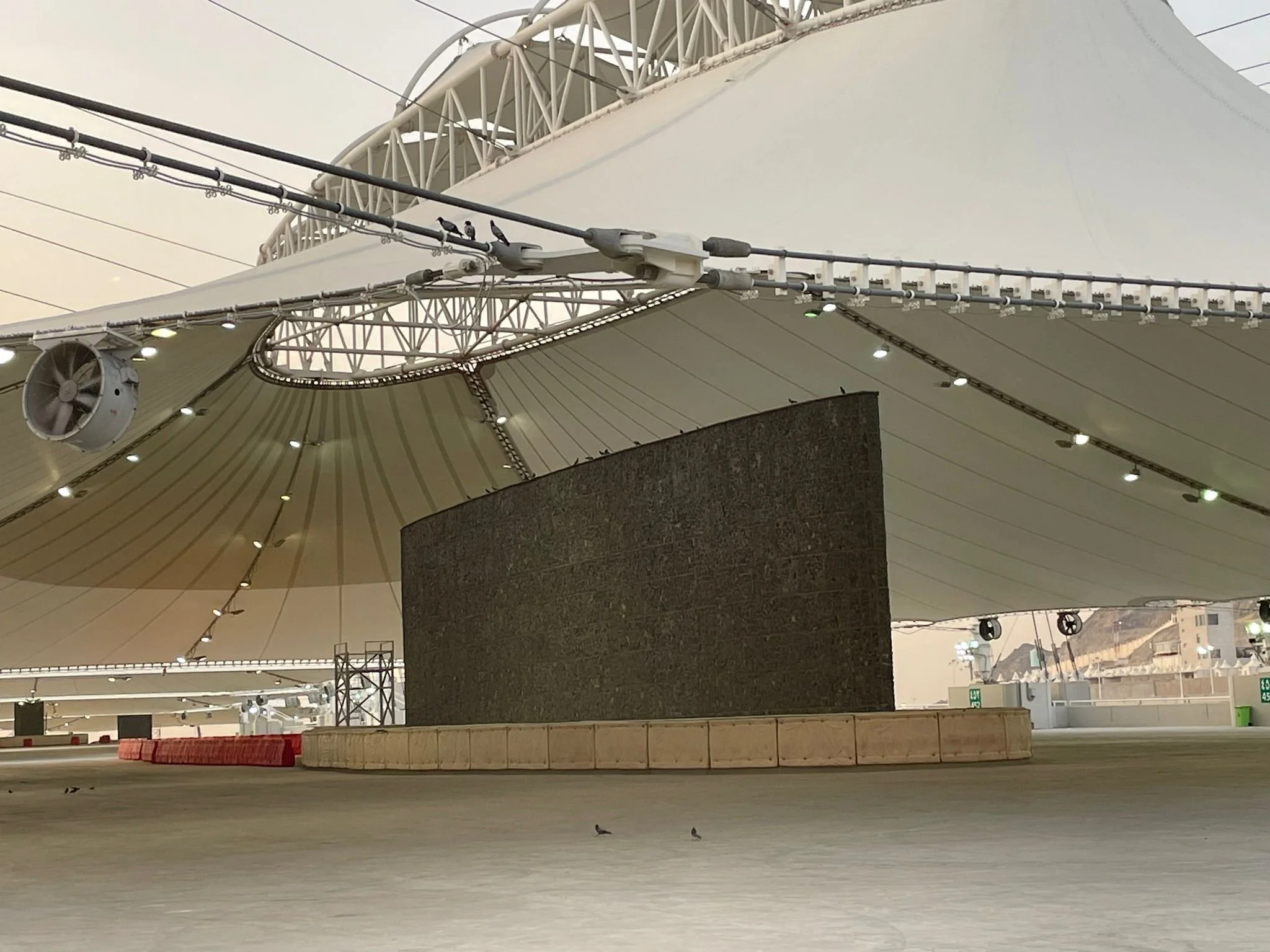 A modern architectural structure with a large curved white roof, speakers, birds perched on wires, and a dark textured wall in the foreground.