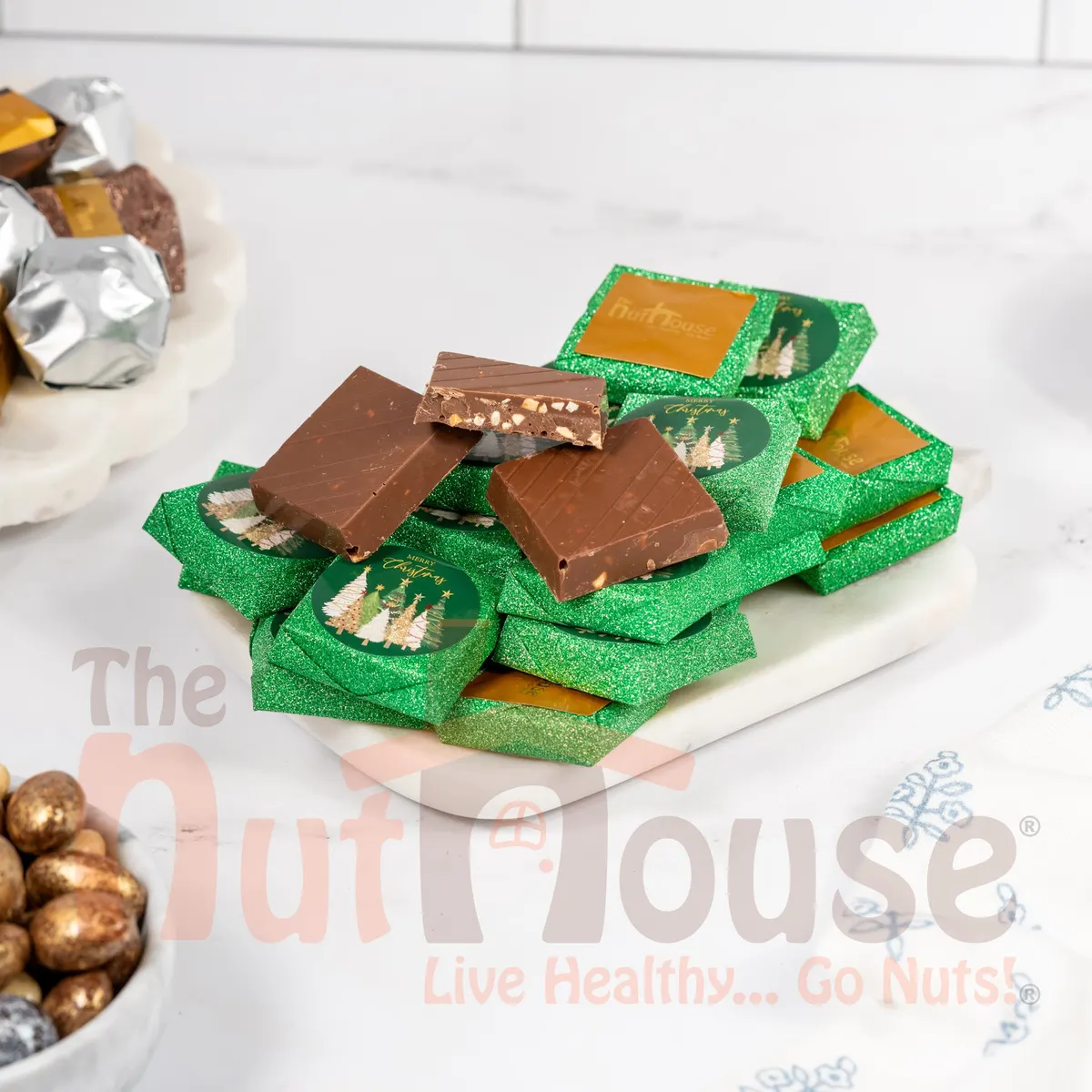 Merry Christmas Chocolate Covered Crushed Nuts with Hazelnut Cream (Green)