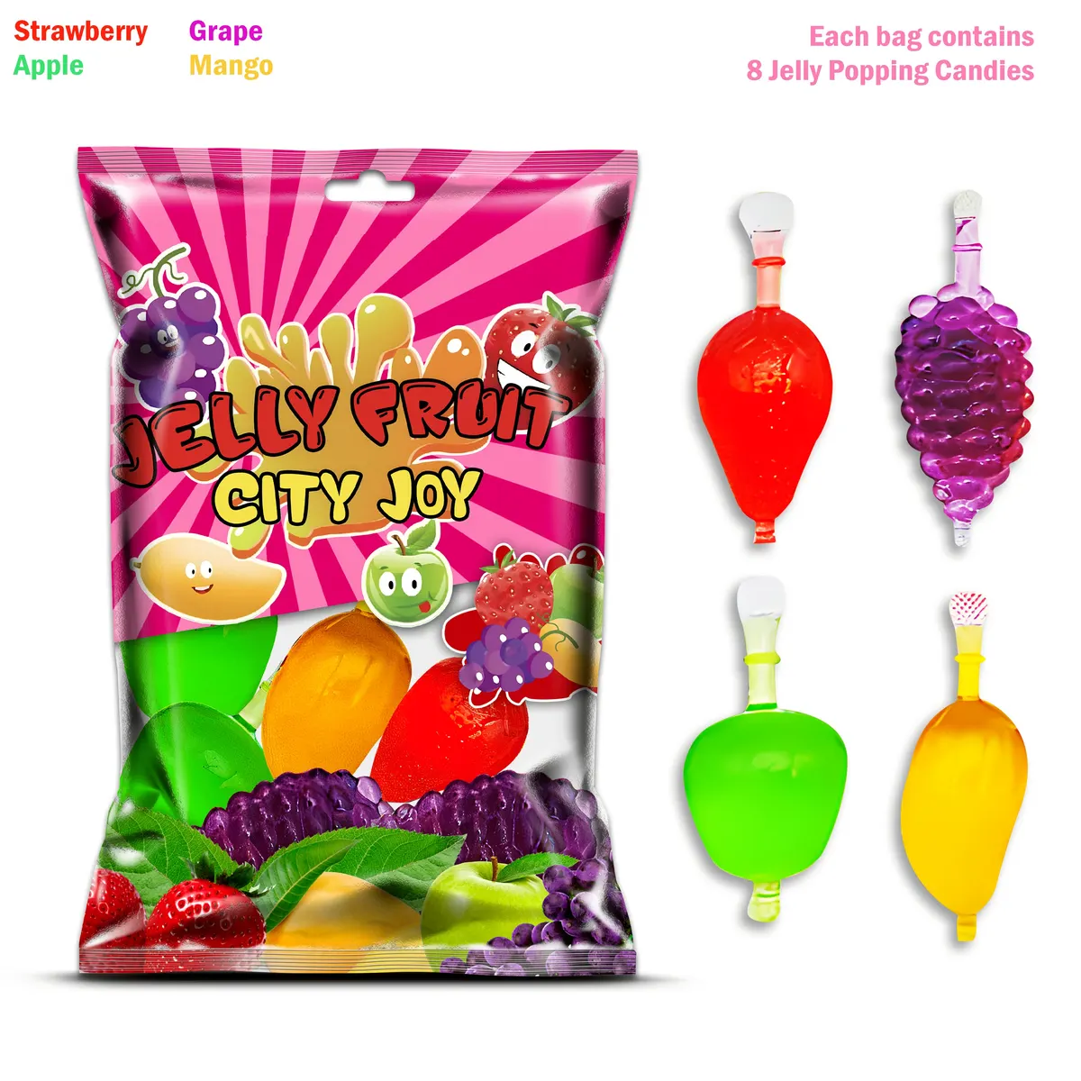 City Joy Halal Jelly Fruit Candy Bag 11.3 oz, 4 Flavors: Strawberry, Grape, Apple, Mango