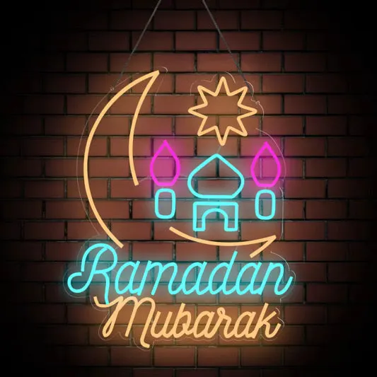 Colorful Moon and Mosque Neon Light