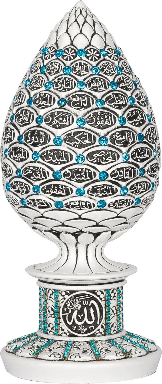 Islamic Table Decor White and Light Blue Teardrop Sculpture Figure Arabic 99 Names of Allah ESMA Asma al Husna