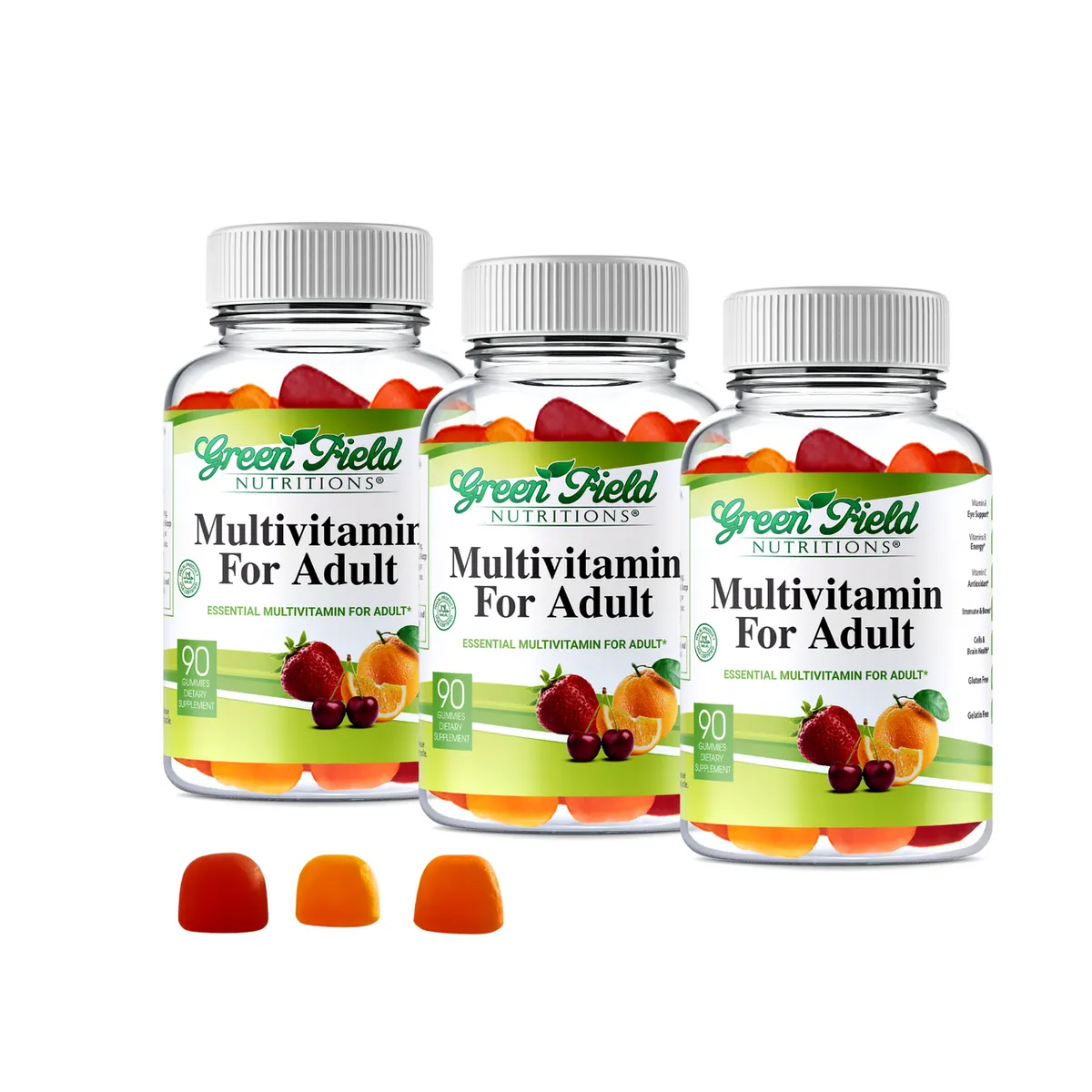 Greenfield Nutritions - Halal Gummies Multivitamins for Adult, Gelatin Free and Gluten Free, Halal Vitamins, 90 Gummies - 1 bottle