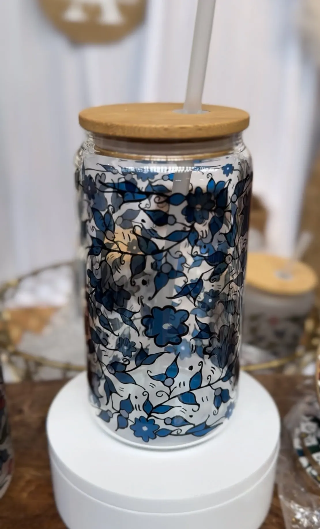 Khalili Hebron Palestinian Clear Glass Mug Cup Tumbler Can Floral Blue