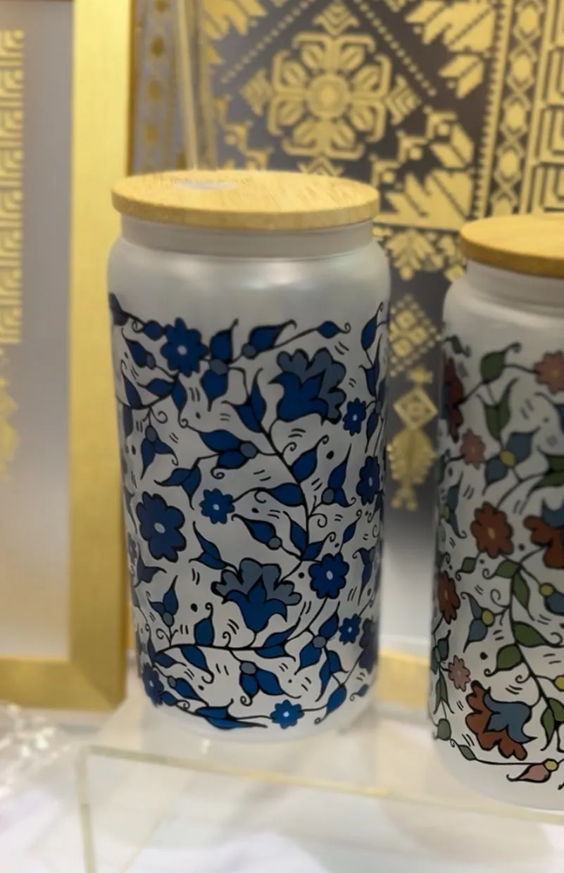 Khalili Hebron Palestinian Frosted Glass Mug Cup Tumbler Can Floral Blue